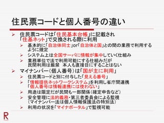 住民票コードと個人番号の違い
 住民票コードは「住民基本台帳」に記載され
「住基ネット」で交換される際に利用
 基本的に「自治体同士」or「自治体と国」との間の業務で利用する
ように規定
 システム上は全国サーバに情報が集中していく仕組み
 業務単位で法で利用可能にする仕組みだが
民間利用は厳禁 本人も直接目にすることはない
 マイナンバー（個人番号）は「国が主に利用」
 住民票コードと別に付与した「見える番号」
 「情報提供ネットワークシステム」を利用し省庁間連携
「個人番号は情報連携には使わない」
 用途は限定だが民間も一部関係（確定申告など）
 安全管理に法的義務・第三者委員会による監視
（マイナンバー法は個人情報保護法の特別法）
 利用の状況を「マイナポータル」で監視可能
 