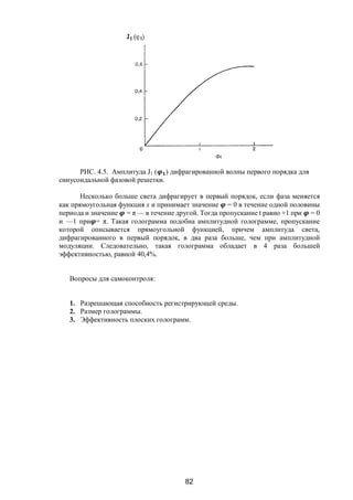 82
Фі
РИС. 4.5. Амплитуда J1 ( ) дифрагированной волны первого порядка для
синусоидальной фазовой решетки.
Несколько больше света дифрагирует в первый порядок, если фаза меняется
как прямоугольная функция х и принимает значение = 0 в течение одной половины
периода и значение = π — в течение другой. Тогда пропускание t равно +1 при = 0
и —1 при = π. Такая голограмма подобна амплитудной голограмме, пропускание
которой описывается прямоугольной функцией, причем амплитуда света,
дифрагированного в первый порядок, в два раза больше, чем при амплитудной
модуляции. Следовательно, такая голограмма обладает в 4 раза большей
эффективностью, равной 40,4%.
Вопросы для самоконтроля:
1. Разрешающая способность регистрирующей среды.
2. Размер голограммы.
3. Эффективность плоских голограмм.
Copyright ОАО «ЦКБ «БИБКОМ» & ООО «Aгентство Kнига-Cервис»
 