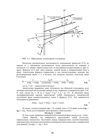 84
РИС. 5.1. Образование элементарной голограммы
.
Поскольку распределение интенсивности, описываемое формулой (5.2), не
зависит от х, максимумы интенсивности полос располагаются на лежащих в
плоскости z=z1 линиях, параллельных оси х и находящихся на расстояниях dy друг от
друга. Формула (5.3) дает связь междуdy, длиной волны и направлениями волн в
среде. Аналогичная формула справедлива и для соответствующих величин вне
регистрирующей среды, т. е. в воздухе. Это нетрудно показать, используя закон
Снеллиуса:
=
−
=
/
(1/ ) Ω − Ω
=
Ω − Ω
, (
5.4)
где = — длина волны в воздухе.
Аналогичное выражение дляdy получается для объемной голограммы, если
волновые векторыS иR составляют равные углы с нормалью к поверхности (фиг. 1.4).
В этом случае = − , = − = и − = 0 . В объемной среде
интерференционная картина представляет собой совокупность поверхностей
постоянной фазы косинусоидального члена в формуле (5.2). Эти поверхности
описываются уравнением
2 ( − ) + 2 ( − ) = , (
5.5)
В случае, соответствующем фиг. 1.4, второй член в (5.5) равен нулю,a( −
) = 2 . Тогда для оставшейся части фазового члена получим
(2 ) =
В этом случае уравнение поверхностей постоянной фазы сводится ку = const.
Таким образом, эти поверхности представляют собой плоскости,
параллельные плоскостиxz. Расстояния между поверхностями, соответствующими
максимальным значениям интенсивности (поверхностями пучностей), в направлении
осиу равныdy. Если = − = ,то
Copyright ОАО «ЦКБ «БИБКОМ» & ООО «Aгентство Kнига-Cервис»
 