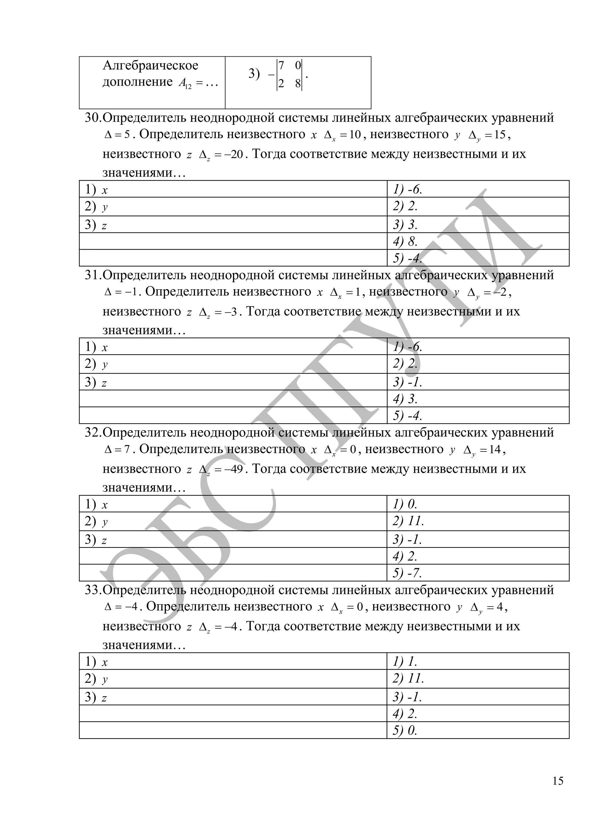 15
Алгебраическое
дополнение 12A …
3)
7 0
2 8
.
30.Определитель неоднородной системы линейных алгебраических уравнений
5 . Определитель неизвестного x 10x , неизвестного y 15y ,
неизвестного z 20z . Тогда соответствие между неизвестными и их
значениями…
1) x 1) -6.
2) y 2) 2.
3) z 3) 3.
4) 8.
5) -4.
31.Определитель неоднородной системы линейных алгебраических уравнений
1. Определитель неизвестного x 1x , неизвестного y 2y ,
неизвестного z 3z . Тогда соответствие между неизвестными и их
значениями…
1) x 1) -6.
2) y 2) 2.
3) z 3) -1.
4) 3.
5) -4.
32.Определитель неоднородной системы линейных алгебраических уравнений
7 . Определитель неизвестного x 0x , неизвестного y 14y ,
неизвестного z 49z . Тогда соответствие между неизвестными и их
значениями…
1) x 1) 0.
2) y 2) 11.
3) z 3) -1.
4) 2.
5) -7.
33.Определитель неоднородной системы линейных алгебраических уравнений
4. Определитель неизвестного x 0x , неизвестного y 4y ,
неизвестного z 4z . Тогда соответствие между неизвестными и их
значениями…
1) x 1) 1.
2) y 2) 11.
3) z 3) -1.
4) 2.
5) 0.
Copyright ОАО «ЦКБ «БИБКОМ» & ООО «Aгентство Kнига-Cервис»
 