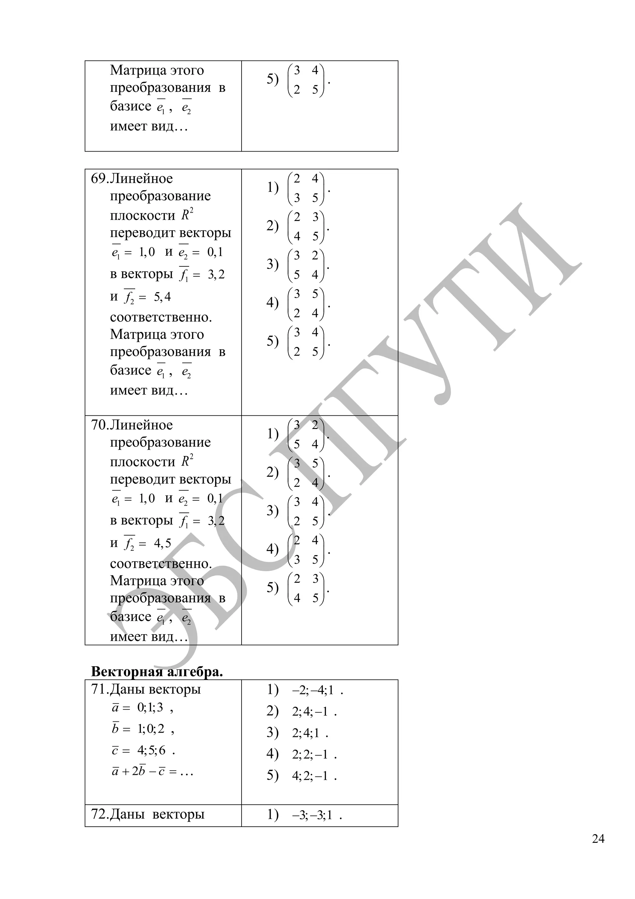 24
Матрица этого
преобразования в
базисе 1e , 2e
имеет вид…
5)
3 4
2 5
.
69.Линейное
преобразование
плоскости 2
R
переводит векторы
1 1,0e и 2 0,1e
в векторы 1 3,2f
и 2 5,4f
соответственно.
Матрица этого
преобразования в
базисе 1e , 2e
имеет вид…
1)
2 4
3 5
.
2)
2 3
4 5
.
3)
3 2
5 4
.
4)
3 5
2 4
.
5)
3 4
2 5
.
70.Линейное
преобразование
плоскости 2
R
переводит векторы
1 1,0e и 2 0,1e
в векторы 1 3,2f
и 2 4,5f
соответственно.
Матрица этого
преобразования в
базисе 1e , 2e
имеет вид…
1)
3 2
5 4
.
2)
3 5
2 4
.
3)
3 4
2 5
.
4)
2 4
3 5
.
5)
2 3
4 5
.
Векторная алгебра.
71.Даны векторы
0;1;3a ,
1;0;2b ,
4;5;6c .
2a b c …
1) 2; 4;1 .
2) 2;4; 1 .
3) 2;4;1 .
4) 2;2; 1 .
5) 4;2; 1 .
72.Даны векторы 1) 3; 3;1 .
Copyright ОАО «ЦКБ «БИБКОМ» & ООО «Aгентство Kнига-Cервис»
 