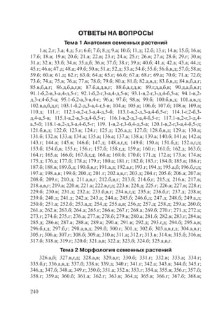240
ОТВЕТЫ НА ВОПРОСЫ
Тема 1 Анатомия семенных растений
1.в; 2.г; 3.а; 4.д; 5.г; 6.б; 7.б; 8.д; 9.а; 10.б; 11.д; 12.б; 13.г; 14.в; 15.б; 16.в;
17.б; 18.а; 19.в; 20.б; 21.а; 22.в; 23.г; 24.а; 25.г; 26.в; 27.а; 28.б; 29.г; 30.в;
31.а; 32.в; 33.б; 34.в; 35.а,б; 36.в; 37.б; 38.г; 39.а; 40.б; 41.а; 42.а; 43.а; 44.д;
45.г; 46.в; 47.д; 48.а; 49.б; 50.в; 51.а; 52.д; 53.а; 54.б; 55.б; 56.б,в,д; 57.б; 58.в;
59.б; 60.в; 61.д; 62.г; 63.б; 64.а; 65.г; 66.б; 67.а; 68.г; 69.а; 70.б; 71.а; 72.б;
73.б; 74.а; 75.в; 76.а; 77.в; 78.б; 79.б; 80.а; 81.б; 82.а,в,д; 83.б,в,д; 84.в,б,а,г;
85.в,б,а,г; 86.д,б,а,г,в; 87.б,а,д,в,г; 88.б,а,г,д,в; 89.г,д,а,б,в; 90.д,а,б,в,г;
91.1-б,2-в,3-а,4-д,5-г; 92.1-б,2-г,3-а,4-д,5-в; 93.1-в,2-г,3-д,4-б,5-а; 94.1-в,2-
д,3-г,4-б,5-а; 95.1-б,2-а,3-в,4-г; 96.а; 97.б; 98.в; 99.б; 100.б,в,д; 101.а,в,д;
102.в,а,б,д,г; 103.1-б,2-д,3-а,4-г,5-в; 104.а; 105.а; 106.б; 107.б; 108.в; 109.а;
110.д; 111.г; 112.1-в,2-г,3-а,4-д,5-б; 113.1-в,2-д,3-а,4-б,5-г; 114.1-г,2-б,3-
д,4-а,5-в; 115.1-а,2-в,3-д,4-б,5-г; 116.1-в,2-д,3-а,4-б,5-г; 117.1-в,2-г,3-д,4-
а,5-б; 118.1-в,2-д,3-а,4-б,5-г; 119. 1-в,2-г,3-б,4-д,5-а; 120.1-в,2-г,3-а,4-б,5-д;
121.б,в,д; 122.б; 123.в; 124.г; 125.д; 126.а,д; 127.б; 128.б,в,д; 129.а; 130.а;
131.б; 132.в; 133.а; 134.а; 135.а; 136.а; 137.а; 138.а; 139.а; 140.б; 141.в; 142.а;
143.г; 144.а; 145.в; 146.б; 147.д; 148.а,г,д; 149.б; 150.а; 151.б,д; 152.а,г,д;
153.б; 154.б,в; 155.г; 156.г; 157.б; 158.г,д; 159.а; 160.г; 161.б; 162.д; 163.б;
164.г; 165.а; 166.б; 167.б,г,д; 168.а; 169.б; 170.б; 171.д; 172.а; 173.в; 174.в;
175.д; 176.а; 177.б; 178.а; 179.г; 180.а; 181.г; 182.б; 183.г; 184.б; 185.в; 186.г;
187.б; 188.в; 189.б,д; 190.б,в,г; 191.а,д; 192.а,г; 193.г; 194.д; 195.а,б; 196.б,г,д;
197.а; 198.а,в; 199.б; 200.д; 201.г; 202.а,в,г; 203.д; 204.г; 205.б; 206.а; 207.в;
208.б; 209.г; 210.д; 211.а,в,г; 212.б,в,г; 213.б; 214.б,г; 215.д; 216.в; 217.в;
218.а,в,г; 219.а; 220.в; 221.а; 222.в,г,д; 223.в; 224.д; 225.г; 226.а; 227.в; 228.г;
229.б; 230.в; 231.д; 232.а; 233.б,в,г; 234.в,г,д; 235.а; 236.б,г; 237.д; 238.в;
239.б; 240.д; 241.д; 242.а; 243.а; 244.а; 245.б; 246.б,д; 247.д; 248.б; 249.а,д;
250.б; 251.а; 252.б; 253.а,д; 254.д; 255.а,в; 256.д; 257.д; 258.д; 259.а; 260.б;
261.а; 262.в; 263.б; 264.а; 265.г; 266.в; 267.г; 268.а; 269.б; 270.г; 271.д; 272.а;
273.г; 274.б; 275.г; 276.а; 277.в; 278.б; 279.в; 280.а; 281.б; 282.в; 283.г; 284.в;
285.д; 286.в; 287.а; 288.а; 289.а; 290.а; 291.в; 292.д; 293.г,д; 294.б; 295.а,в;
296.б,г,д; 297.б,г; 298.а,в,д; 299.б; 300.г; 301.д; 302.б; 303.а,в,г,д; 304.а,в,г;
305.г; 306.а; 307.г; 308.б; 309.а; 310.в; 311.а; 312.г; 313.в; 314.в; 315.б; 316.в;
317.б; 318.в; 319.г; 320.б; 321.а,в; 322.а; 323.б; 324.б; 325.а,в,г.
Тема 2 Морфология семенных растений
326.а,б; 327.в,г,д; 328.а,в; 329.а,г; 330.б; 331.г; 332.в; 333.а; 334.г;
335.б,г; 336.а,в,д; 337.б; 338.в; 339.д; 340.г; 341.г; 342.а; 343.в; 344.б; 345.г;
346.д; 347.б; 348.а; 349.г; 350.б; 351.а; 352.в; 353.г; 354.а; 355.в; 356.г; 357.б;
358.г; 359.а; 360.б; 361.а; 362.г; 363.в; 364.д; 365.в; 366.г; 367.б; 368.в;
Copyright ОАО «ЦКБ «БИБКОМ» & ООО «Aгентство Kнига-Cервис»
 
