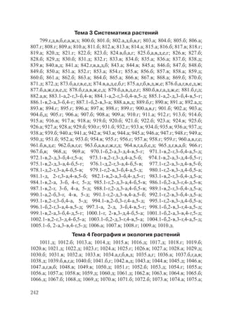 242
Тема 3 Систематика растений
799.г,д,в,б,е,а,ж,з; 800.б; 801.б; 802.а,д,б,в,г; 803.а; 804.б; 805.б; 806.а;
807.г; 808.г; 809.а; 810.а; 811.б; 812.в; 813.в; 814.а; 815.а; 816.б; 817.в; 818.г;
819.а; 820.д; 821.г; 822.б; 823.б; 824.в,б,а,г; 825.б,а,в,д,е,г; 826.в; 827.б;
828.б; 829.д; 830.б; 831.д; 832.г; 833.в; 834.б; 835.а; 836.а; 837.б; 838.д;
839.в; 840.в,д; 841.а; 842.г,в,а,д,б; 843.а; 844.в; 845.а; 846.б; 847.б; 848.б;
849.б; 850.а; 851.а; 852.г; 853.а; 854.г; 855.в; 856.б; 857.в; 858.а; 859.д;
860.б; 861.а; 862.б; 863.а; 864.б; 865.а; 866.в; 867.в; 868.а; 869.б; 870.б;
871.д; 872.д; 873.б,а,г,в,е,д; 874.в,а,д,е,б,г; 875.а,г,б,в,д,ж,е; 876.б,а,г,в,е,д,ж;
877.б,а,ж,г,в,е,д; 878.б,г,а,в,ж,е,д; 879.б,а,в,д,е,г; 880.б,в,г,а,д,ж,е; 881.б,г,д;
882.а,в; 883.1- а,2- г,3- б,4- в; 884.1- а,2- г,3- б,4- в,5- д; 885.1- а,2- д,3- б,4- в,5- г;
886.1- в,2- а,3- б,4- г; 887.1- б,2- в,3- а; 888.а,в,д; 889.б,г; 890.в; 891.а; 892.а,д;
893.в; 894.г; 895.г; 896.а; 897.в; 898.г; 899.г; 900.а,в,г; 901.б; 902.а; 903.а;
904.б,д; 905.г; 906.а; 907.б; 908.а; 909.а; 910.г; 911.а; 912.г; 913.б; 914.б;
915.а; 916.в; 917.в; 918.а; 919.б; 920.б; 921.б; 922.б; 923.а; 924.в; 925.б;
926.а; 927.а; 928.а; 929.б; 930.г; 931.б; 932.г; 933.в; 934.б; 935.в; 936.а; 937.д;
938.а; 939.б; 940.а; 941.а; 942.в; 943.в; 944.а; 945.а; 946.а; 947.г; 948.г; 949.а;
950.д; 951.б; 952.а; 953.б; 954.в; 955.г; 956.г; 957.в; 958.г; 959.г; 960.а,в,г,е;
961.б,в,д,е; 962.б,в,г,е; 963.б,а,в,е,ж,г,д; 964.в,г,а,б,е,д; 965.д,г,в,а,б; 966.г;
967.б,в; 968.д; 969.а; 970.1- б,2- а,3- д,4- в,5- г; 971.1- в,2- г,3- б,4- а,5- д;
972.1- в,2- д,3- б,4- г,5- а; 973.1- в,2- г,3- д,4- а,5- б; 974.1- в,2- а,3- д,4- б,5- г;
975.1- в,2- д,3- а,4- б,5- г; 976.1- д,2- г,3- а,4- б,5- в; 977.1- г,2- а,3- д,4- в,5- б;
978.1- д,2- г,3- а,4- б,5- в; 979.1- г,2- в,3- б,4- а,5- д; 980.1- г,2- в,3- д,4- б,5- а;
981.1- д, 2- г,3- а,4- в,5- б; 982.1- в,2- а,3- б,4- д,5- г; 983.1- в,2- г,3- б,4- д,5- а;
984.1- в,2- а, 3- б, 4- г, 5- д; 985.1- г,2- д,3- а,4- б,5- в; 986.1- б,2- а,3- г,4- д,5- в;
987.1- в,2- г, 3- б, 4- а, 5- д; 988.1- г,2- д,3- а,4- б,5- в; 989.1- в,2- г,3- б,4- д,5- а;
990.1- а,2- б,3- г, 4- в, 5- д; 991.1- г,2- д,3- в,4- а,5- б; 992.1- г,2- в,3- б,4- д,5- а;
993.1- в,2- г,3- б,4- а, 5- д; 994.1- в,2- б,3- г,4- а,5- д; 995.1- г,2- в,3- д,4- б,5- а;
996.1- б,2- г,3- а,4- в,5- д; 997.1- а, 2- д, 3- б,4- в,5- г; 998.1- б,2- в,3- г,4- а,5- д;
999.1- в,2- а,3- б,4- д,5- г; 1000.1- г, 2- в,3- д,4- б,5- а; 1001.1- б,2- а,3- в,4- г,5- д;
1002.1- в,2- г,3- д,4- б,5- а; 1003.1- б,2- д,3- г,4- в,5- а; 1004.1- б,2- в,3- г,4- а,5- д;
1005.1- б, 2- а,3- в,4- г,5- д; 1006.а; 1007.в; 1008.г; 1009.а; 1010.д.
Тема 4 География и экология растений
1011.д; 1012.б; 1013.а; 1014.д; 1015.в; 1016.д; 1017.д; 1018.г; 1019.б;
1020.в; 1021.д; 1022.д; 1023.г; 1024.а; 1025.г; 1026.в; 1027.а; 1028.а; 1029.д;
1030.б; 1031.в; 1032.а; 1033.в; 1034.а,г,б,в,д; 1035.а,г; 1036.а; 1037.б,г,а,в;
1038.д; 1039.б,в,г,а; 1040.б; 1041.б,г; 1042.в,д; 1043.а; 1044.в; 1045.д; 1046.в;
1047.а,г,в,б; 1048.в; 1049.в; 1050.д; 1051.г; 1052.б; 1053.д; 1054.г; 1055.а;
1056.а; 1057.а; 1058.в; 1059.д; 1060.д; 1061.д; 1062.в; 1063.в; 1064.в; 1065.б;
1066.д; 1067.б; 1068.д; 1069.д; 1070.в; 1071.б; 1072.б; 1073.в; 1074.а; 1075.а;
Copyright ОАО «ЦКБ «БИБКОМ» & ООО «Aгентство Kнига-Cервис»
 