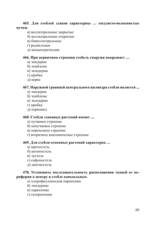 89
465. Для стеблей злаков характерны … сосудисто-волокнистые
пучки.
а) коллатеральные закрытые
б) коллатеральные открытые
в) биколлатеральные
г) радиальные
д) концентрические
466. При первичном строении стебель снаружи покрывает …
а) эпидерма
б) эпиблема
в) экзодерма
г) пробка
д) корка
467. Наружной границей центрального цилиндра стебля является ...
а) эпидерма
б) эпиблема
в) экзодерма
г) пробка
д) перицикл
468. Стебли злаковых растений имеют …
а) пучковое строение
б) непучковое строение
в) переходное строение
г) вторичное анатомическое строение
469. Для стебля семенных растений характерна …
а) протостель
б) актиностель
в) эустель
г) сифоностель
д) диктиостель
470. Установить последовательность расположения тканей от пе-
риферии к центру в стебле однодольных.
а) хлорофиллоносная паренхима
б) эпидермис
в) паренхима
г) склеренхима
Copyright ОАО «ЦКБ «БИБКОМ» & ООО «Aгентство Kнига-Cервис»
 