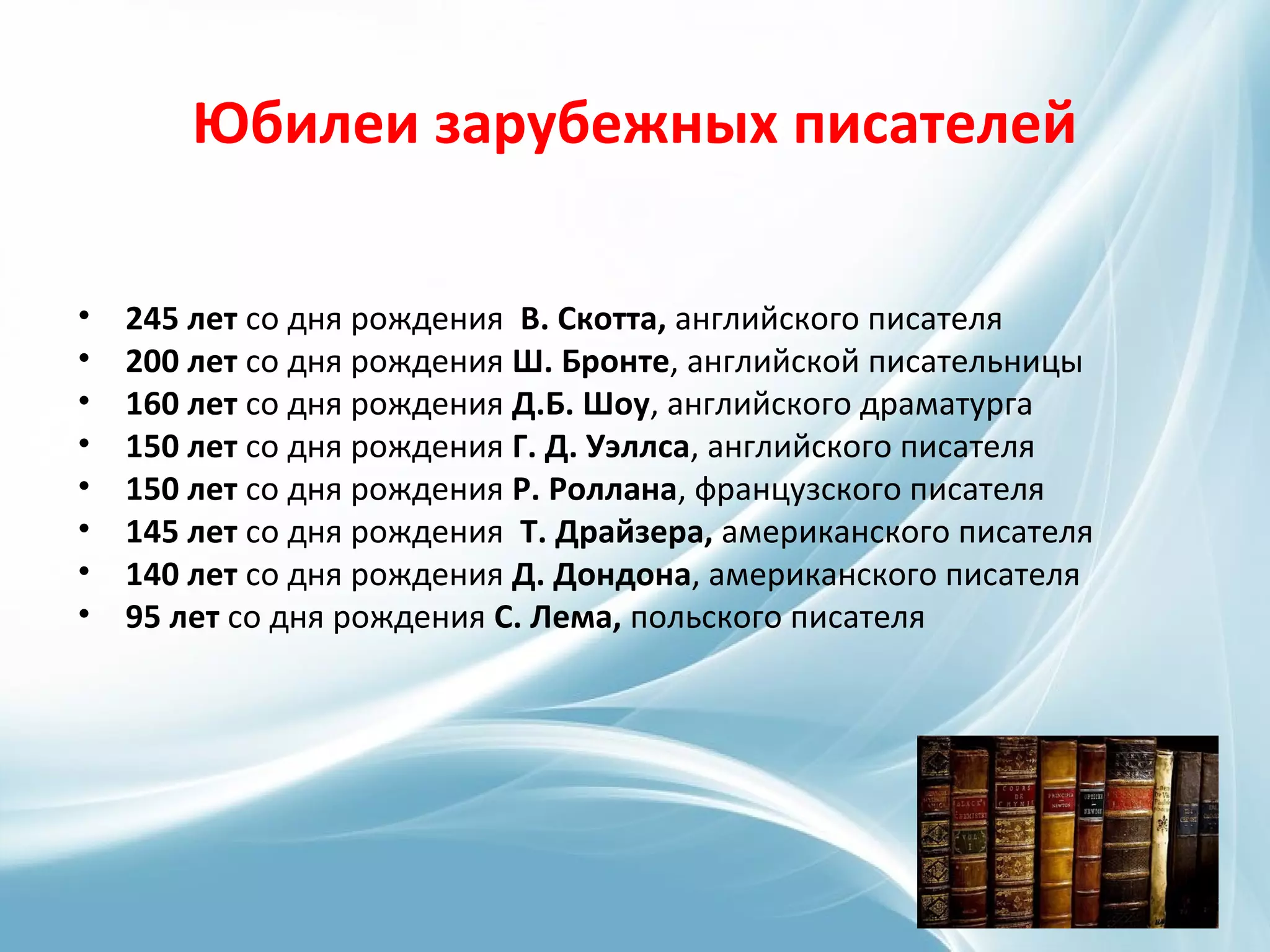 Юбилеи зарубежных писателей
• 245 лет со дня рождения В. Скотта, английского писателя
• 200 лет со дня рождения Ш. Бронте, английской писательницы
• 160 лет со дня рождения Д.Б. Шоу, английского драматурга
• 150 лет со дня рождения Г. Д. Уэллса, английского писателя
• 150 лет со дня рождения Р. Роллана, французского писателя
• 145 лет со дня рождения Т. Драйзера, американского писателя
• 140 лет со дня рождения Д. Дондона, американского писателя
• 95 лет со дня рождения С. Лема, польского писателя
 