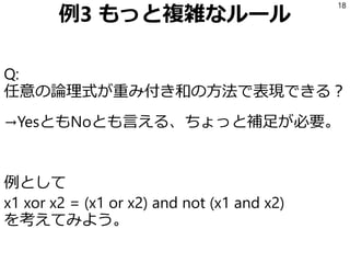 例3 もっと複雑なルール
Q:
任意の論理式が重み付き和の方法で表現できる？
→YesともNoとも言える、ちょっと補足が必要。
例として
x1 xor x2 = (x1 or x2) and not (x1 and x2)
を考えてみよう。
18
 