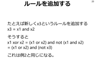 ルールを追加する
たとえば新しくx3というルールを追加する
x3 = x1 and x2
そうすると
x1 xor x2 = (x1 or x2) and not (x1 and x2)
= (x1 or x2) and (not x3)
これは例2と同じになる。
20
 