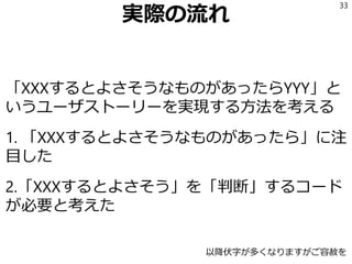 実際の流れ
「XXXするとよさそうなものがあったらYYY」と
いうユーザストーリーを実現する方法を考える
1. 「XXXするとよさそうなものがあったら」に注
目した
2.「XXXするとよさそう」を「判断」するコード
が必要と考えた
33
以降伏字が多くなりますがご容赦を
 