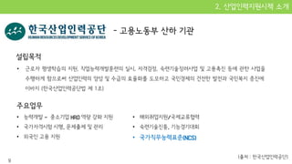 2. 산하기관 소개
• 근로자 평생학습의 지원, 직업능력개발훈련의 실시, 자격검정, 숙련기술장려사업 및 고용촉진 등에 관한 사업을
수행하게 함으로써 산업인력의 양성 및 수급의 효율화를 도모하고 국민경제의 건전한 발전과 국민복지 증진에
이바지 (한국산업인력공단법 제 1조)
(출처 : 한국산업인력공단)
• 능력개발 - 중소기업 HRD 역량 강화 지원
• 국가자격시험 시행, 문제출제 및 관리
• 외국인 고용 지원
• 해외취업지원/국제교류협력
• 숙련기술진흥, 기능경기대회
• 국가직무능력표준(NCS)
9
 