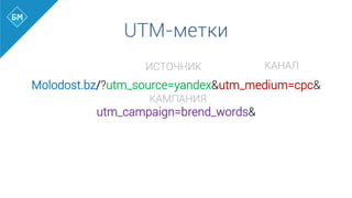 Molodost.bz/?utm_source=yandex&utm_medium=cpc&
utm_campaign=brend_words&
utm_content=biznesmolodost
UTM-метки
ИСТОЧНИК КАНАЛ
КАМПАНИЯ
 