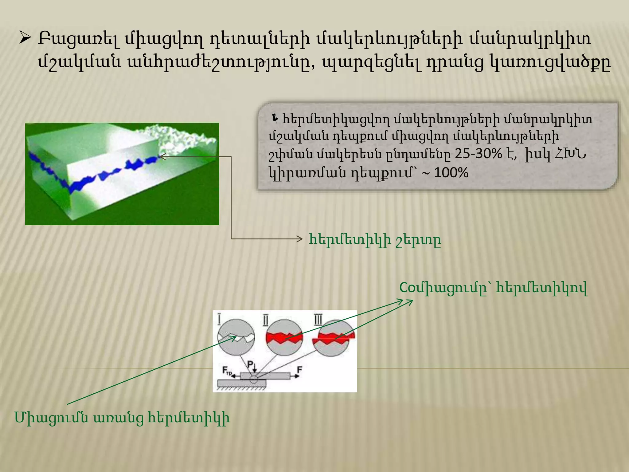  Բացառել միացվող դետալների մակերևույթների մանրակրկիտ
մշակման անհրաժեշտությունը, պարզեցնել դրանց կառուցվածքը
հերմետիկացվող մակերևույթների մանրակրկիտ
մշակման դեպքում միացվող մակերևույթների
շփման մակերեսն ընդամենը 25-30% է, իսկ ՀԽՆ
կիրառման դեպքում`  100%
հերմետիկի շերտը
Соմիացումը` հերմետիկով
Միացումն առանց հերմետիկի
 