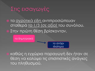  τα αγροτικά είδη αντιπροσώπευαν
σταθερά το 1/3 (σε αξία) του συνόλου.
 Στην πρώτη θέση βρίσκονταν,
 καθώς η εγχώρια παραγωγή δεν ήταν σε
θέση να καλύψει τις επισιτιστικές ανάγκες
του πληθυσμού.
τα δημητριακά
το σιτάρι
ιδιαίτερα
 