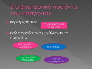  κυριαρχούσαν
 ενώ προοδευτικά μεγάλωναν τα
ποσοστά
τα υφάσματα και
τα νήματα,
των ορυκτών
(άνθρακας), της ξυλείας,
των χημικών
προϊόντων
και των
μηχανημάτων.
 