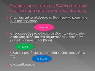  ήταν, ως επί το πλείστον, τα βιομηχανικά κράτη της
Δυτικής Ευρώπης.
 απορροφούσε το σύνολο σχεδόν των εξαγωγών
σταφίδας αλλά και ένα σημαντικό ποσοστό των
μεταλλευμάτων (μολύβδου).
 αλλά και μικρότερα ευρωπαϊκά κράτη, όπως ήταν
π.χ.
 ακολουθούσαν.
Η Αγγλία
Η Γαλλία
το Βέλγιο
 