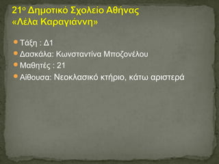 Τάξη : Δ1
Δασκάλα: Κωνσταντίνα Μποζονέλου
Μαθητές : 21
Αίθουσα: Νεοκλασικό κτήριο, κάτω αριστερά
 