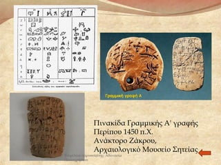 Πινακίδα Γραμμικής Α' γραφής
Περίπου 1450 π.Χ.
Ανάκτορο Ζάκρου,
Αρχαιολογικό Μουσείο Σητείας
Επιμέλεια παρουσίασης: Αθανασία
Παπαχρήστου
 