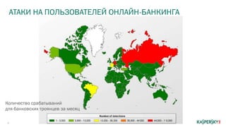 АТАКИ НА ПОЛЬЗОВАТЕЛЕЙ ОНЛАЙН-БАНКИНГА
4
Количество срабатываний
для банковских троянцев за месяц
 