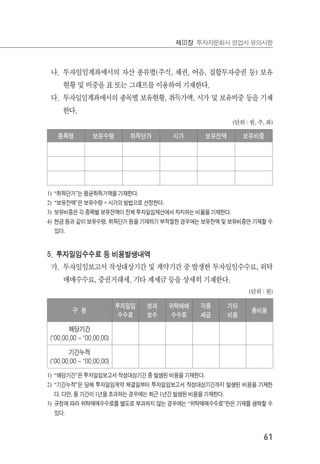 61
제Ⅲ장 투자자문회사 영업시 유의사항
나. 투자일임계좌에서의 자산 종류별(주식, 채권, 어음, 집합투자증권 등) 보유
현황 및 비중을 표 또는 그래프를 이용하여 기재한다.
다. 투자일임계좌에서의 종목별 보유현황, 취득가액, 시가 및 보유비중 등을 기재
한다.
(단위 : 원, 주, 좌)
종목명 보유수량 취득단가 시가 보유잔액 보유비중
1) “취득단가”는 평균취득가액을 기재한다.
2) “보유잔액”은 보유수량 × 시가의 방법으로 산정한다.
3) 보유비중은 각 종목별 보유잔액이 전체 투자일임재산에서 차지하는 비율을 기재한다.
4) 현금 등과 같이 보유수량, 취득단가 등을 기재하기 부적절한 경우에는 보유잔액 및 보유비중만 기재할 수
있다.
5. 투자일임수수료 등 비용발생내역
가. 투자일임보고서 작성대상기간 및 계약기간 중 발생한 투자일임수수료, 위탁
매매수수료, 증권거래세, 기타 제세금 등을 상세히 기재한다.
(단위 : 원)
구 분
투자일임
수수료
성과
보수
위탁매매
수수료
각종
세금
기타
비용
총비용
해당기간
(’00.00.00 ~ ’00.00.00)
기간누적
(’00.00.00 ~ ’00.00.00)
1) “해당기간”은 투자일임보고서 작성대상기간 중 발생된 비용을 기재한다.
2) “기간누적”은 당해 투자일임계약 체결일부터 투자일임보고서 작성대상기간까지 발생된 비용을 기재한
다. 다만, 동 기간이 1년을 초과하는 경우에는 최근 1년간 발생된 비용을 기재한다.
3) 규정에 따라 위탁매매수수료를 별도로 부과하지 않는 경우에는 “위탁매매수수료”란은 기재를 생략할 수
있다.
 