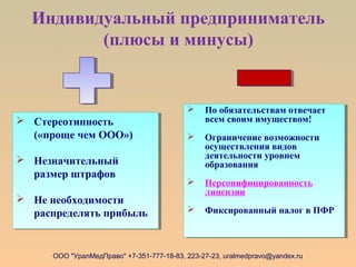 Индивидуальный предприниматель
(плюсы и минусы)
ООО "УралМедПраво" +7-351-777-18-83, 223-27-23, uralmedpravo@yandex.ru
 Стереотипность
(«проще чем ООО»)
 Незначительный
размер штрафов
 Не необходимости
распределять прибыль
 Стереотипность
(«проще чем ООО»)
 Незначительный
размер штрафов
 Не необходимости
распределять прибыль
 По обязательствам отвечает
всем своим имуществом!
 Ограничение возможности
осуществления видов
деятельности уровнем
образования
 Персонифицированность
лицензии
 Фиксированный налог в ПФР
 По обязательствам отвечает
всем своим имуществом!
 Ограничение возможности
осуществления видов
деятельности уровнем
образования
 Персонифицированность
лицензии
 Фиксированный налог в ПФР
 