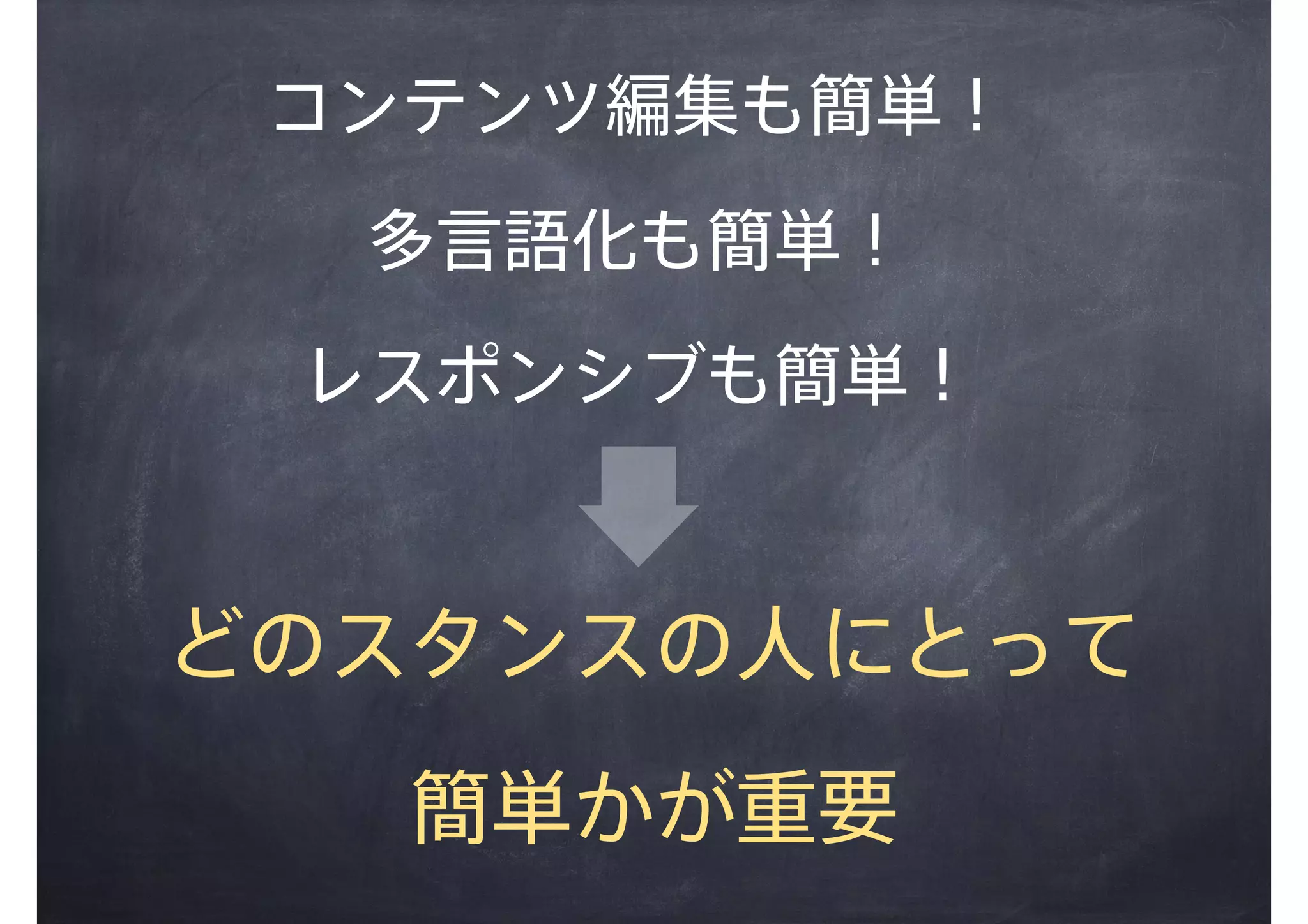 コンテンツ編集も簡単！
多言語化も簡単！
レスポンシブも簡単！
どのスタンスの人にとって
簡単かが重要
 