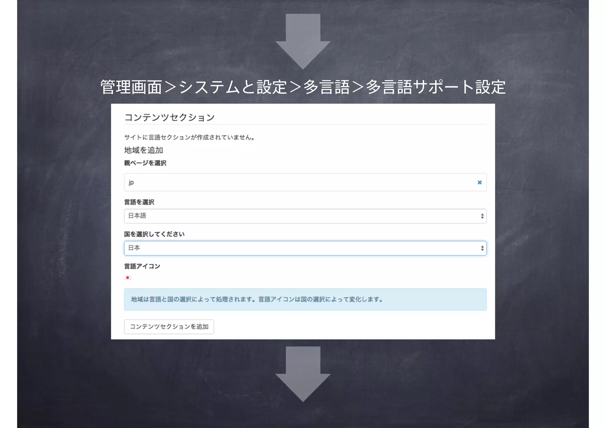 管理画面＞システムと設定＞多言語＞多言語サポート設定
 