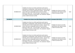 ١٩٠
30-040322-015
Foldable Intra Ocular Lens (IOL) specification with injector:
Hydrophilic or Hydrophopic -Optic diameter (5-6.5)mm-Over all
diameter (10.0-12.5)mm-Implantation position - Capsular bag -
sulcus-YAG-Laser compatable-Incision size (2.6-3.2)mm-
Refractive index (1.46 - 1.47)-A/C depth theoretical (5-6.5) -
Lens design- one piece or three pieces -UV- protection- Dioptric
power (+23)D A-Constant (119.8)
Foldable Intra Ocular Lens (IOL)
specification with injector power
(+23)D A-Constant (119.8)
Each
30-040323 Foldable Intra Ocular Lens (IOL) Dioptric Power (+24)D/ A-Constant (118-119.8)
30-040323-005
Foldable Intra Ocular Lens (IOL) specification with injector:
Hydrophilic or Hydrophopic -Optic diameter (5-6.5)mm-Over all
diameter (10.0-12.5)mm-Implantation position - Capsular bag -
sulcus-YAG-Laser compatable-Incision size (2.6-3.2)mm-
Refractive index (1.46 - 1.47)-A/C depth theoretical (5-6.5) -
Lens design- one piece or three pieces -UV- protection- Dioptric
power (+24)D A-Constant (118)
Foldable Intra Ocular Lens (IOL)
specification with injector power
(+24)D A-Constant (118)
Each
30-040323-010
Foldable Intra Ocular Lens (IOL) specification with injector:
Hydrophilic or Hydrophopic -Optic diameter (5-6.5)mm-Over all
diameter (10.0-12.5)mm-Implantation position - Capsular bag -
sulcus-YAG-Laser compatable-Incision size (2.6-3.2)mm-
Refractive index (1.46 - 1.47)-A/C depth theoretical (5-6.5) -
Lens design- one piece or three pieces -UV- protection- Dioptric
power (+24)D A-Constant (119)
Foldable Intra Ocular Lens (IOL)
specification with injector power
(+24)D A-Constant (119)
Each
 