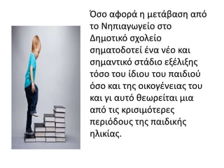 Όσο αφορά η μετάβαση από
το Νηπιαγωγείο στο
Δημοτικό σχολείο
σηματοδοτεί ένα νέο και
σημαντικό στάδιο εξέλιξης
τόσο του ίδ...