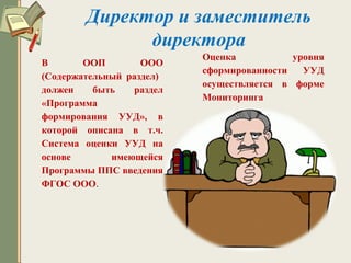 В ООП ООО
(Содержательный раздел)
должен быть раздел
«Программа
формирования УУД», в
которой описана в т.ч.
Система оценки УУД на
основе имеющейся
Программы ППС введения
ФГОС ООО.
Директор и заместитель
директора
Оценка уровня
сформированности УУД
осуществляется в форме
Мониторинга
 
