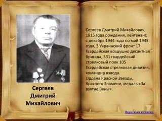 Сергеев
Дмитрий
Михайлович
Сергеев Дмитрий Михайлович,
1915 года рождения, лейтенант,
с декабря 1944 года по май 1945
года, 3 Украинский фронт 17
Гвардейская воздушно десантная
бригада, 331 гвардейский
стрелковый полк 105
Гвардейская стрелковая дивизия,
командир взвода.
Ордена Красной Звезды,
Красного Знамени, медаль «За
взятие Вены».
Вернуться к списку
 