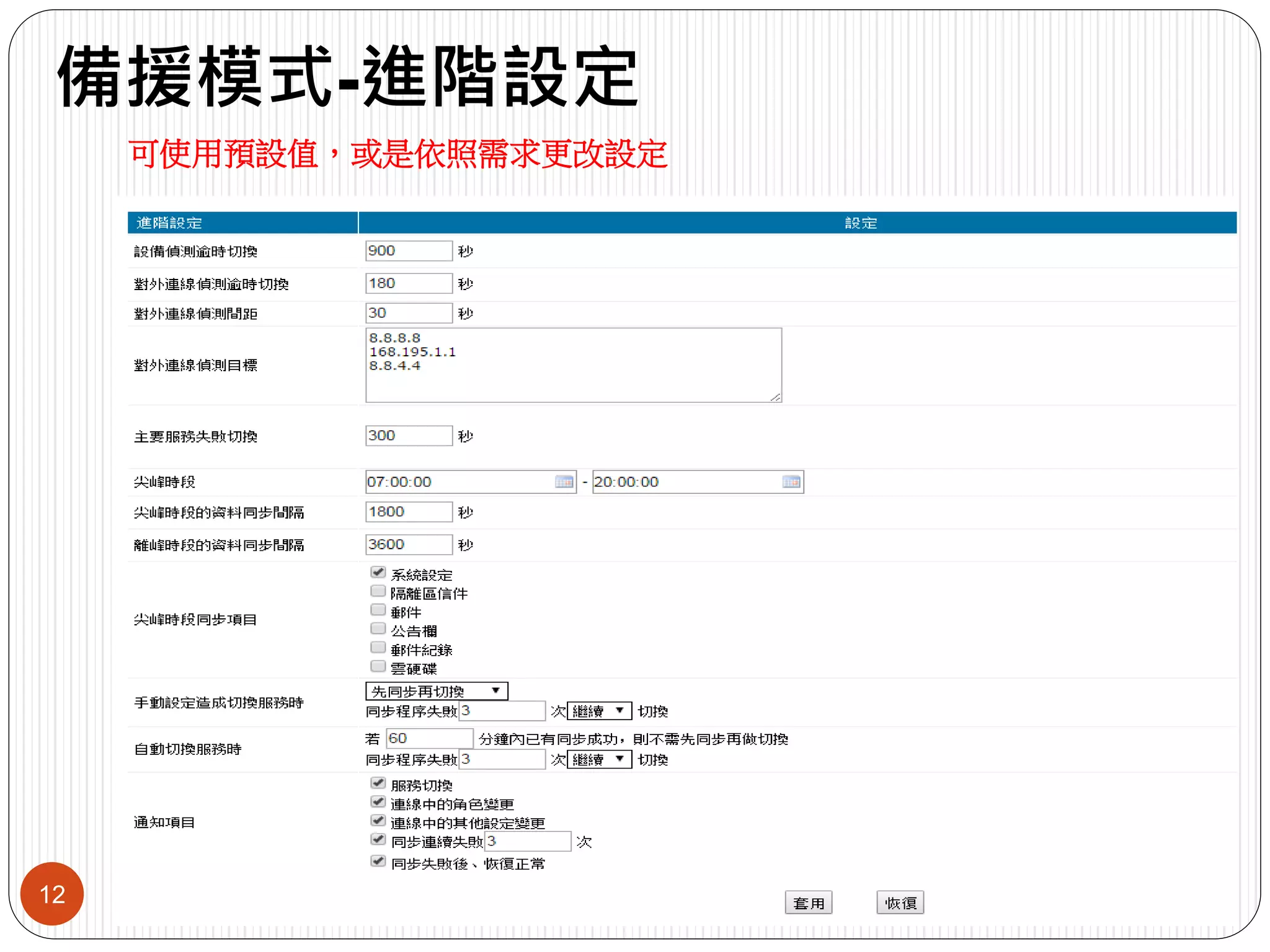 備援模式-進階設定
12
可使用預設值，或是依照需求更改設定
 