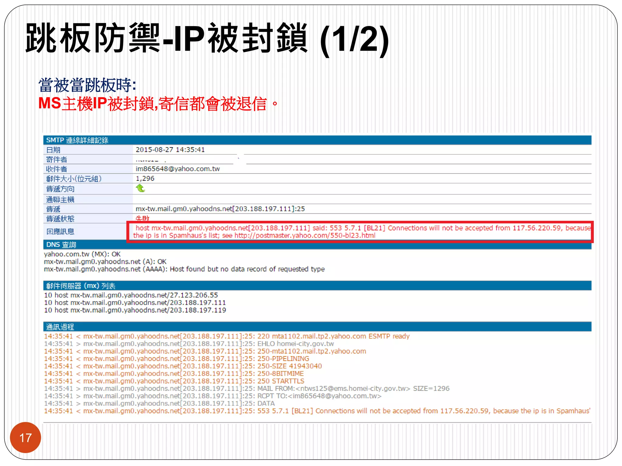 跳板防禦-IP被封鎖 (1/2)
17
當被當跳板時:
MS主機IP被封鎖,寄信都會被退信。
 