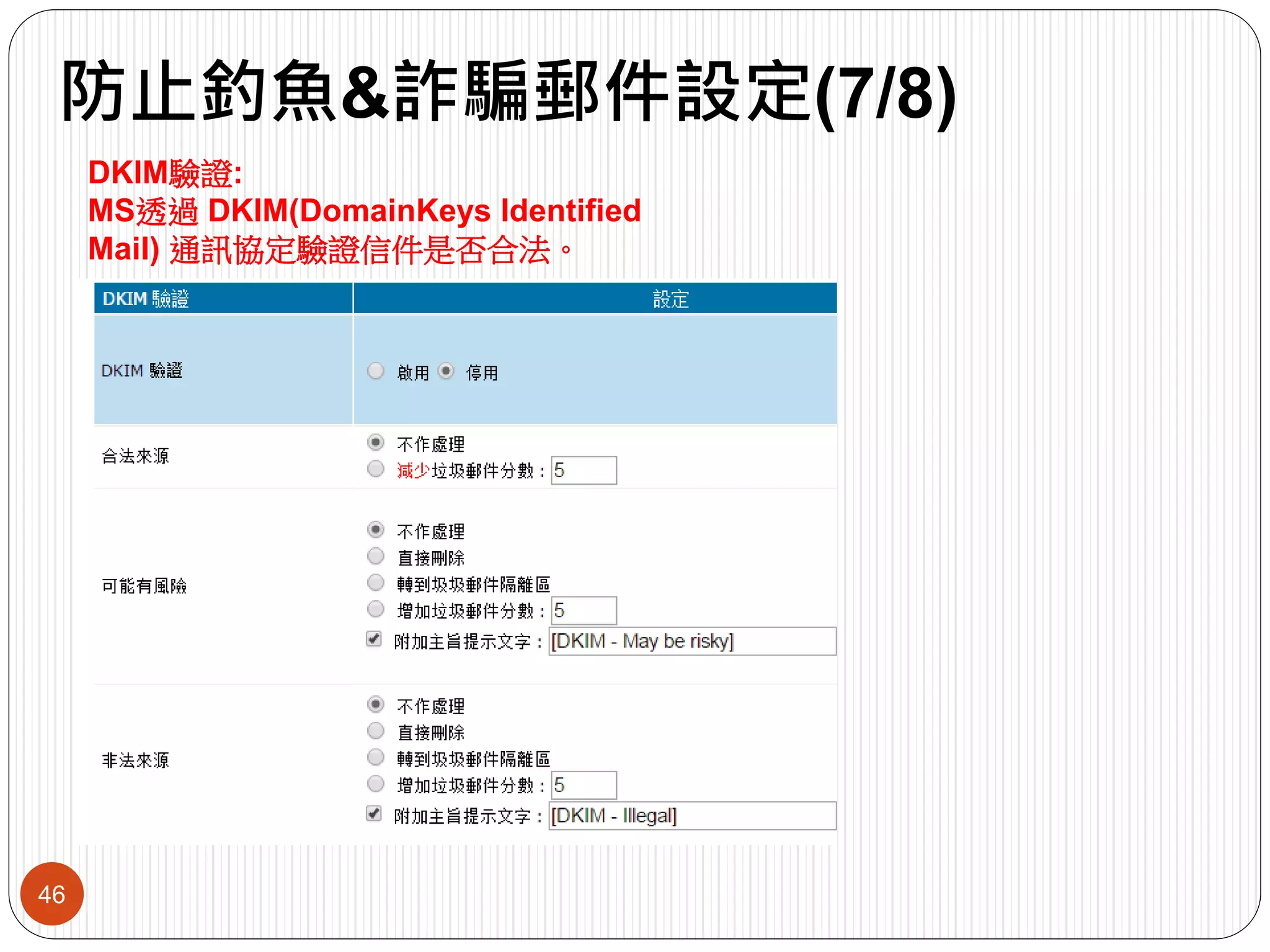防止釣魚&詐騙郵件設定(7/8)
46
DKIM驗證:
MS透過 DKIM(DomainKeys Identified
Mail) 通訊協定驗證信件是否合法。
 