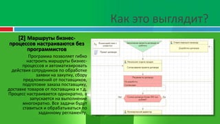 Как это выглядит?
[2] Маршруты бизнес-
процессов настраиваются без
программистов
Программа позволяет гибко
настроить маршруты бизнес-
процессов и автоматизировать
действия сотрудников по обработке
заявки на закупку, сбору
предложений от поставщиков,
подготовке заказа поставщику,
доставке товаров от поставщика и т.д.
Процесс настраивается однократно, а
запускается на выполнение
многократно. Все задачи будут
ставиться и обрабатываться по
заданному регламенту.
 