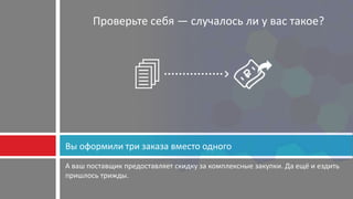 А ваш поставщик предоставляет скидку за комплексные закупки. Да ещё и ездить
пришлось трижды.
Вы оформили три заказа вместо одного
Проверьте себя — случалось ли у вас такое?
 