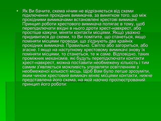  Як Ви бачите, схема нічим не відрізняється від схеми
підключення прохідних вимикачів, за винятком того, що між
прохідними вимикачами встановлені хрестові вимикачі.
Принцип роботи хрестового вимикача полягає в тому, щоб
перепідключати вхідні в нього дроти хрест-навхрест, або
простіше кажучи, міняти контакти місцями. Якщо уважно
придивитися до схеми, то Ви помітите, що станеться, якщо
поміняти місцями проводи, що з'єднують два крайніх
прохідних вимикача. Правильно. Світло або загориться, або
згасне. І якщо на наступному хрестовому вимикачі знову їх
поміняти місцями, то станеться, те ж саме. Відповідно, таких
проміжних механізмів, які будуть перепідключати контакти
хрест-навхрест, можна поставити необмежену кількість і тим
самим з'являється можливість управляти освітленням з
необмеженої кількості місць. Щоб Вам було легше зрозуміти,
яким чином хрестовий вимикач міняє місцями контакти, нижче
представлена його схема, на якій наочно проілюстрований
принцип його роботи:
 