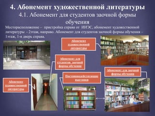 4. Абонемент художественной литературы
4.1. Абонемент для студентов заочной формы
обучения
Абонемент для заочной
формы обучения
Месторасположение – пристройка справа от ИИЭС, абонемент художественной
литературы - 2этаж, направо. Абонемент для студентов заочной формы обучения –
1этаж, 1-я дверь справа.
Абонемент
художественной
литературы
Абонемент для
студентов заочной
формы обучения
Абонемент
художественной
литературы
Постояннодействующие
выставки
 