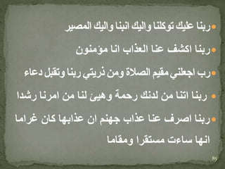 ‫المصير‬ ‫واليك‬ ‫انبنا‬ ‫واليك‬ ‫توكلنا‬ ‫عليك‬ ‫ربنا‬
‫مؤمنون‬ ‫انا‬ ‫العذاب‬ ‫عنا‬ ‫اكشف‬ ‫ربنا‬
‫اجعلني‬ ‫رب‬‫دع‬ ‫وتقبل‬ ‫ربنا‬ ‫ذريتي‬ ‫ومن‬ ‫الصالة‬ ‫مقيم‬‫اء‬
‫رشد‬ ‫امرنا‬ ‫من‬ ‫لنا‬ ‫وهيئ‬ ‫رحمة‬ ‫لدنك‬ ‫من‬ ‫اتنا‬ ‫ربنا‬‫ا‬
‫غراما‬ ‫كان‬ ‫عذابها‬ ‫ان‬ ‫جهنم‬ ‫عذاب‬ ‫عنا‬ ‫اصرف‬ ‫ربنا‬
‫ومقاما‬ ‫مستقرا‬ ‫ساءت‬ ‫انها‬
85
 
