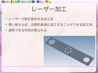 SUGAR SWEET ROBOTICS CO., LTD.
レーザー加工
• レーザーで板を焼き切る加工法
• 薄い板ならば，比較的高速に加工することができる加工法
• 適用できる材料が限られる
42
 