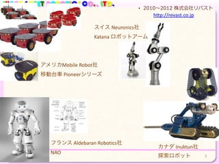 SUGAR SWEET ROBOTICS CO., LTD.
• 2010〜～2012  株式会社リバスト
5
アメリカMobile	
  Robot社	
  
移動台車	
  Pioneerシリーズ
スイス	
  Neuronics社	
  
Katana	
  ロボットアーム
カナダ	
  Inuktun社	
  
探索ロボット
フランス	
  Aldebaran	
  Robotics社	
  
NAO
http://revast.co.jp
 