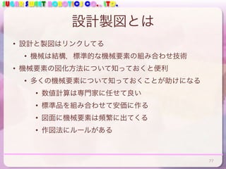 SUGAR SWEET ROBOTICS CO., LTD.
設計製図とは
• 設計と製図はリンクしてる
• 機械は結構，標準的な機械要素の組み合わせ技術
• 機械要素の図化方法について知っておくと便利
• 多くの機械要素について知っておくことが助けになる
• 数値計算は専門家に任せて良い
• 標準品を組み合わせて安価に作る
• 図面に機械要素は頻繁に出てくる
• 作図法にルールがある
77
 
