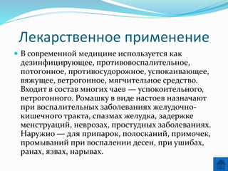 Лекарственное применение
 В современной медицине используется как
дезинфицирующее, противовоспалительное,
потогонное, противосудорожное, успокаивающее,
вяжущее, ветрогонное, мягчительное средство.
Входит в состав многих чаев — успокоительного,
ветрогонного. Ромашку в виде настоев назначают
при воспалительных заболеваниях желудочно-
кишечного тракта, спазмах желудка, задержке
менструаций, неврозах, простудных заболеваниях.
Наружно — для припарок, полосканий, примочек,
промываний при воспалении десен, при ушибах,
ранах, язвах, нарывах.
 