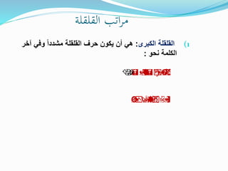 ‫القلقلة‬ ‫اتب‬‫ر‬‫م‬
(1‫الكبرى‬ ‫القلقلة‬:‫آ‬ ‫وفي‬ ً‫ا‬‫مشدد‬ ‫القلقلة‬ ‫حرف‬ ‫يكون‬ ‫أن‬ ‫هي‬‫خر‬
‫نحو‬ ‫الكلمة‬:

 
 