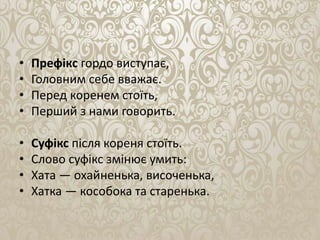 • Префiкс гордо виступає,
• Головним себе вважає.
• Перед коренем стоїть,
• Перший з нами говорить.
• Суфiкс пiсля кореня стоїть.
• Слово суфiкс змiнює умить:
• Хата — охайненька, височенька,
• Хатка — кособока та старенька.
 