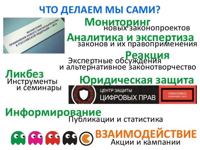 Информирование
ЧТО ДЕЛАЕМ МЫ САМИ?
Реакция
Юридическая защитаЛикбез
Инструменты
Экспертные обсуждения
новых законопроектов...