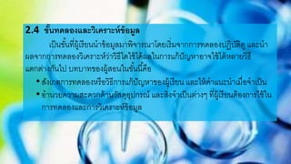 2.4 ขั้นทดลองและวิเคราะห์ข้อมูล
เป็นขั้นที่ผู้เรียนนาข้อมูลมาพิจารณาโดยเริ่มจากการทดลองปฏิบัติดู และนา
ผลจากการทดลองวิเคราะห์ว่าวิธีใดใช้ได้ผลในการแก้ปัญหาอาจใช้ได้หลายวิธี
แตกต่างกันไป บทบาทของผู้สอนในขั้นนี้คือ
•สังเกตการทดลองหรือวิธีการแก้ปัญหาของผู้เรียน และให้คาแนะนาเมื่อจาเป็น
•อานวยความสะดวกด้านวัสดุอุปกรณ์ และสิ่งจาเป็นต่างๆ ที่ผู้เรียนต้องการใช้ใน
การทดลองและการวิเคราะห์ข้อมูล
 