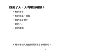 說到了人，人有哪些種類？
‧你的顧客
‧你的顧主，老闆
‧你的競爭對手
‧你自己
‧你的團隊
‧還有哪些人是我們需要去了解關懷的？
52
 