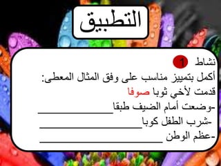 ‫نشاط‬1
‫المعطى‬ ‫المثال‬ ‫وفق‬ ‫على‬ ‫مناسب‬ ‫بتمييز‬ ‫أكمل‬:
‫ثوبا‬ ‫ألخي‬ ‫قدمت‬‫صوفا‬
-‫طبقا‬ ‫الضيف‬ ‫أمام‬ ‫وضعت‬___________
-‫كوبا‬ ‫الطفل‬ ‫شرب‬_______________
-‫الوطن‬ ‫عظم‬__________________
‫التطبيق‬
 