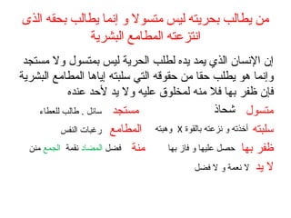 ‫الذى‬ ‫بحقه‬ ‫يطالب‬ ‫إنما‬ ‫و‬ ‫متسول‬ ‫ليس‬ ‫بحريته‬ ‫يطالب‬ ‫من‬
‫البشرية‬ ‫المطامع‬ ‫انتزعته‬
‫مستجد‬ ‫ول‬ ‫بمتسول‬ ‫ليس‬ ‫الحرية‬ ‫لطلب‬ ‫يده‬ ‫يمد‬ ‫الذي‬ ‫النسان‬ ‫إن‬
‫البشرية‬ ‫المطامع‬ ‫إياها‬ ‫سلبته‬ ‫التي‬ ‫حقوقه‬ ‫من‬ ‫حقا‬ ‫يطلب‬ ‫هو‬ ‫وإنما‬
‫عنده‬ ‫لحد‬ ‫يد‬ ‫ول‬ ‫عليه‬ ‫لمخلوق‬ ‫منه‬ ‫فل‬ ‫بها‬ ‫ظفر‬ ‫فإن‬
‫مستجد‬ ‫متسول‬
‫المطامع‬ ‫سلبته‬
‫منة‬ ‫بها‬ ‫ظفر‬
‫يد‬ ‫ل‬
‫شحاذ‬‫للعطاء‬ ‫فطالب‬ . ‫سائل‬
‫بالقوة‬ ‫نزعته‬ ‫و‬ ‫أخذته‬X‫وهبته‬‫النفس‬ ‫رغبات‬
‫بها‬ ‫فاز‬ ‫و‬ ‫عليها‬ ‫حصل‬‫فضل‬‫المضاد‬‫نقمة‬‫الجمع‬‫منن‬
‫فضل‬ ‫ل‬ ‫و‬ ‫نعمة‬ ‫ل‬
 