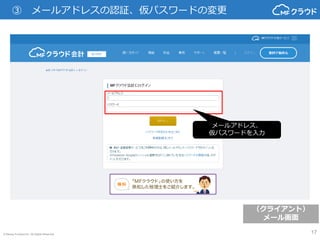 © Money Forward Inc. All Rights Reserved 17
（クライアント）
メール画面
③ メールアドレスの認証、仮パスワードの変更
メールアドレス、
仮パスワードを入力
 