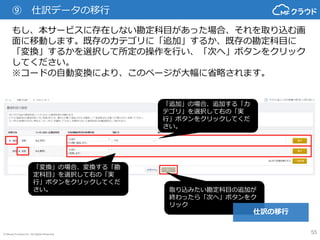 © Money Forward Inc. All Rights Reserved 55
⑨ 仕訳データの移行
仕訳の移行
一部マッチングができない税区分がある場合、どの税区分に変換するか選
択ができます。設定後、「保存」ボタンを押してください。
変換する税区分を選択
税区分の変換が終わったら
「次へ」ボタンをクリック
変換する税区分を選択後、
「変換」をクリック
 
